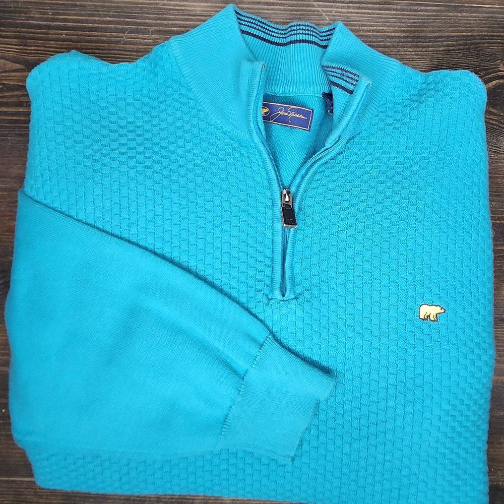Jack Nicklaus Men's Sweater 1/4 Zip Size XL Turquoise‎ Cotton Gold Bear Golf